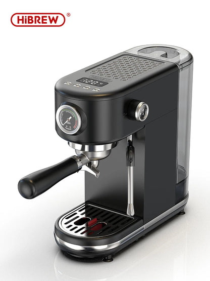HiBREW 20 Bar semi-automatic espresso coffee machine with temperature control, compact design, and steam wand for cappuccinos.