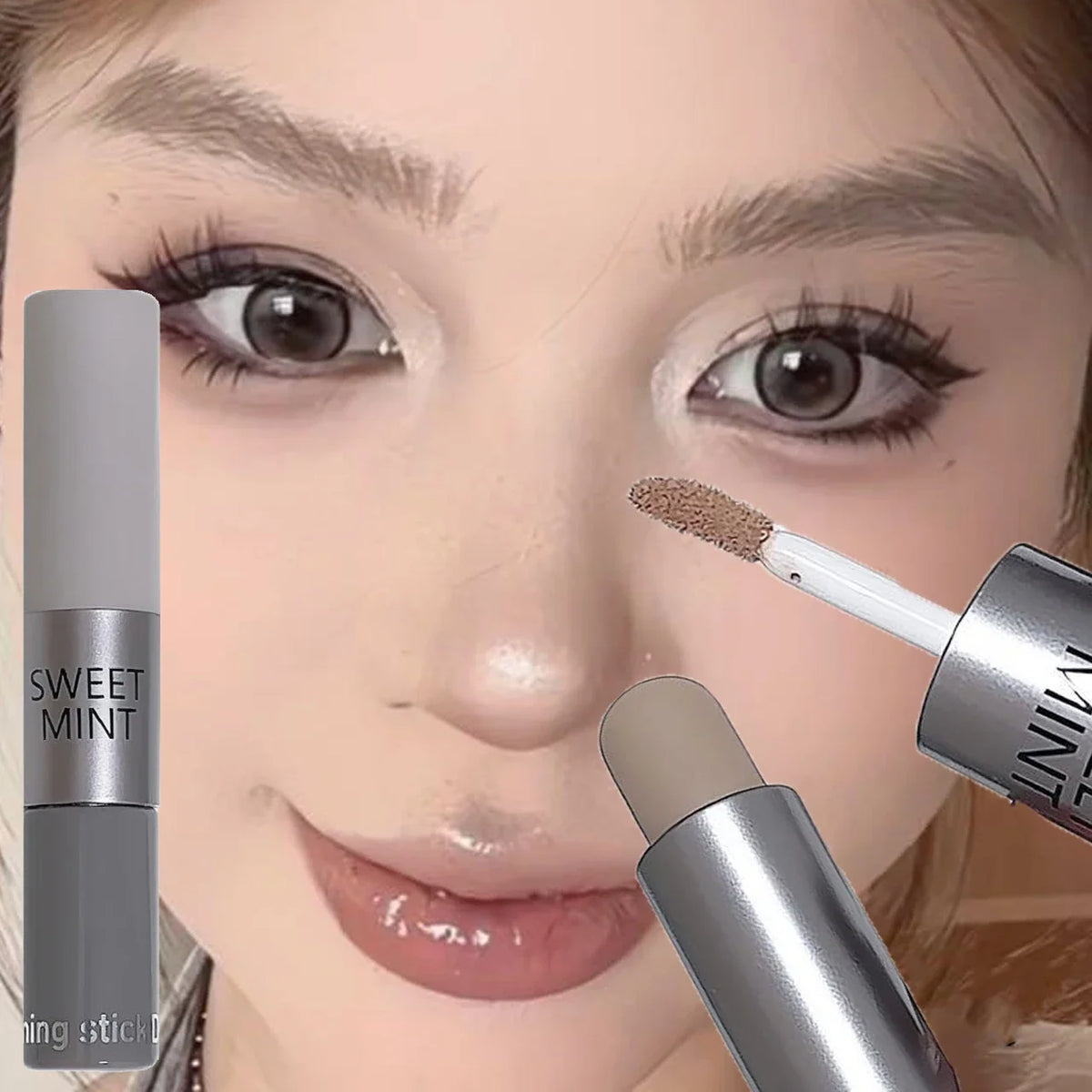 Blushimmer dual-end liquid bronzer and concealer stick with shaping and contouring features for face brightening and nose shadow.