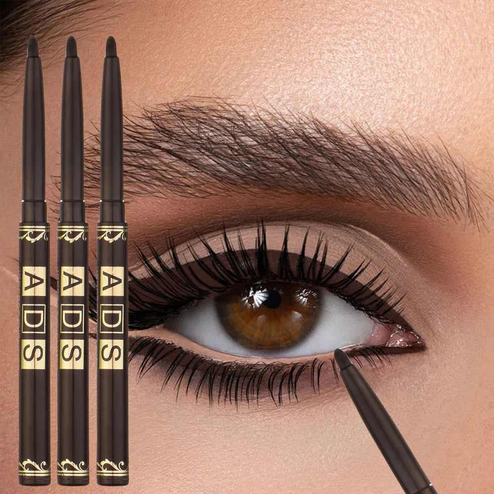 Three Blushimmer waterproof black eyeliner pencils with twist-up tips for smudge-proof, sweatproof eye makeup application.