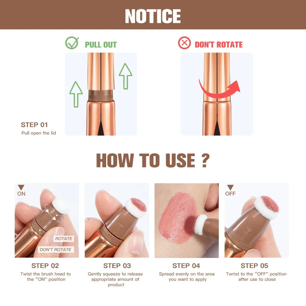 Blushimmer liquid contouring highlighter stick with matte finish for brightening, nose shadow, and facial highlighting on a small V-face.