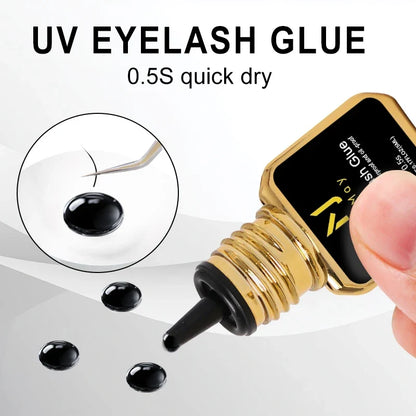 JOMAY black eyelash extension glue by Blushimmer, fast-drying UV lash adhesive and remover, shown in a sleek bottle.