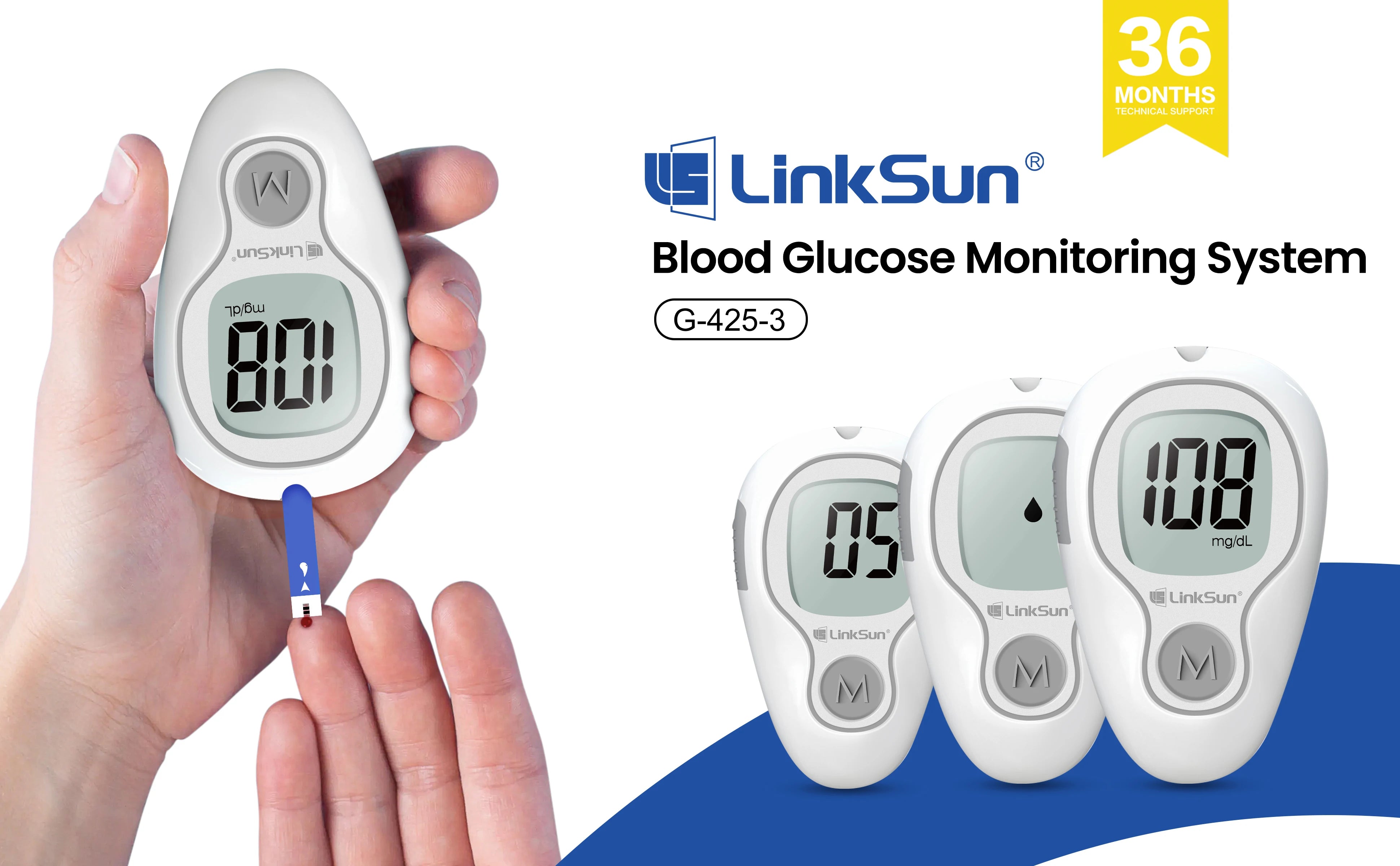 G-425-3 LinkSun Blood Glucose Meter Glucometer Complete Kit Diabetes Accessories Finger Blood Digital Glucose Sugar Test Machine