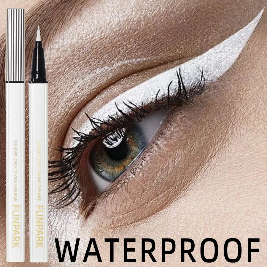 White liquid eyeliner pen by Blushimmer with matte waterproof finish and long-lasting formula, shown with the pen tip and cap visible.