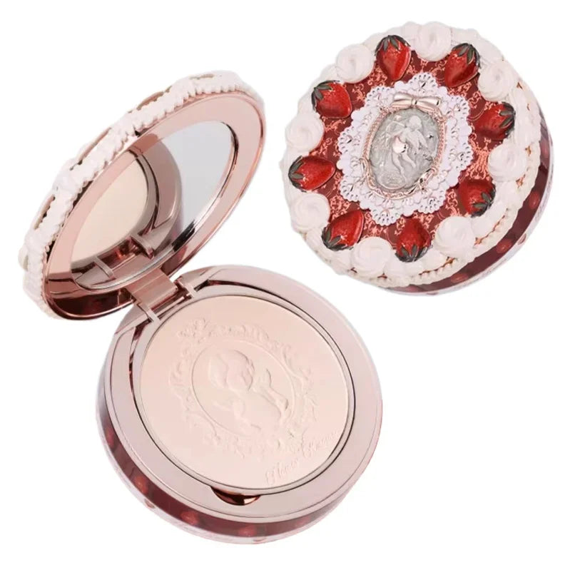 Blushimmer Flower Knows Strawberry Cupid pressed mineral makeup powder foundation with concealer and finishing, vegan formula.