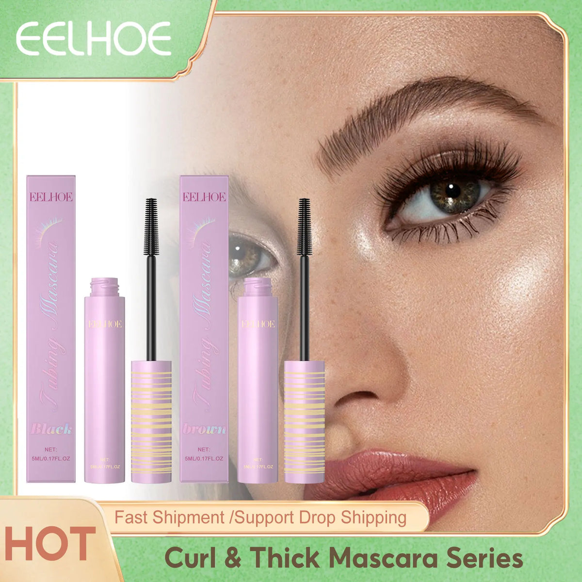 Blushimmer Eelhoe curling mascara tube with black waterproof formula and lengthening, volumizing brush for extended eyelashes.