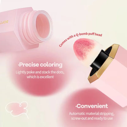 Blushimmer TVLV Velvet Liquid Blush with matte sponge head, natural brightening facial contour and tint makeup application.