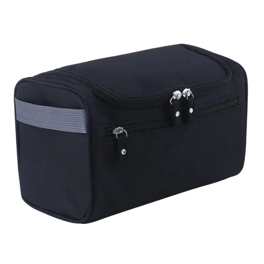 Men's multifunctional travel storage bag by Blushimmer, toiletries pillowcase and hand-held toiletries bag in black fabric.