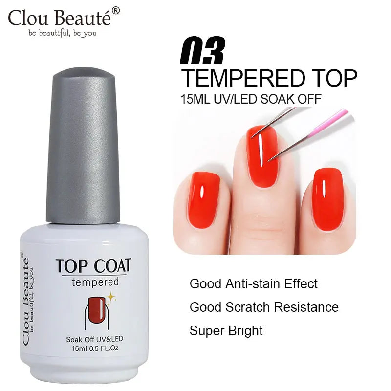 Clou Beaute 15ml neon gel nail polish base and top coat in red, black, white, green, and velvet finish with 400 color options.