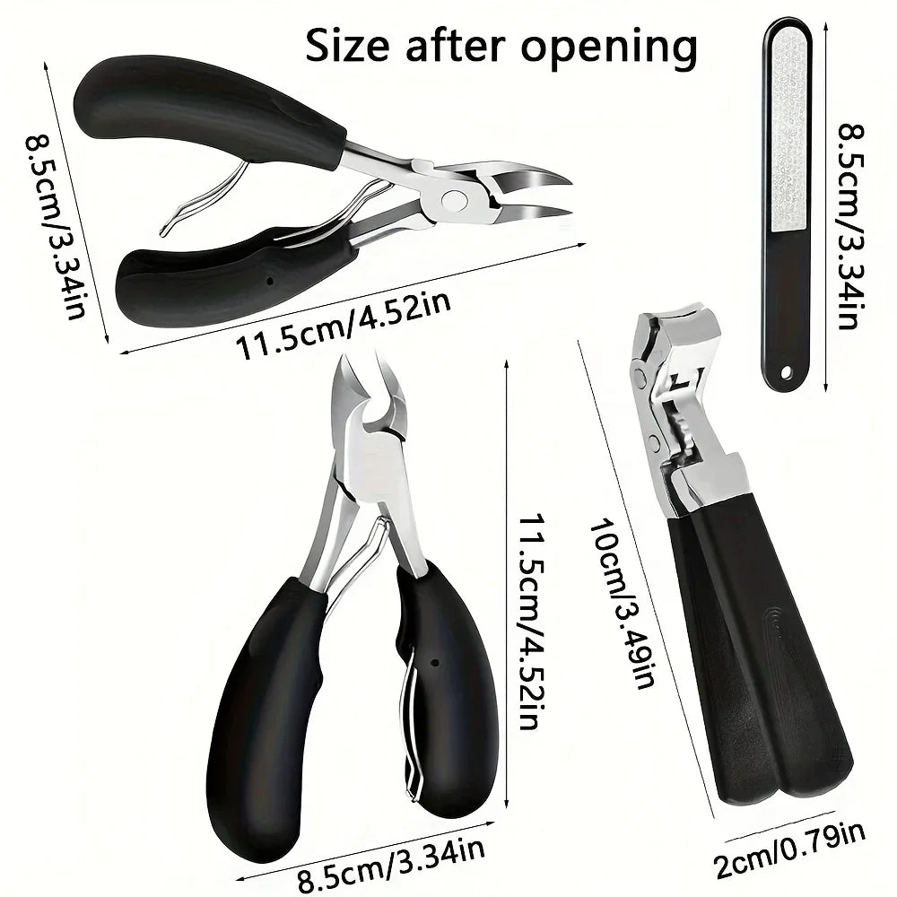 Blushimmer 4-piece set of thick nail and toe nail clippers for elderly with extra large wide mouth opening, stainless steel finish.