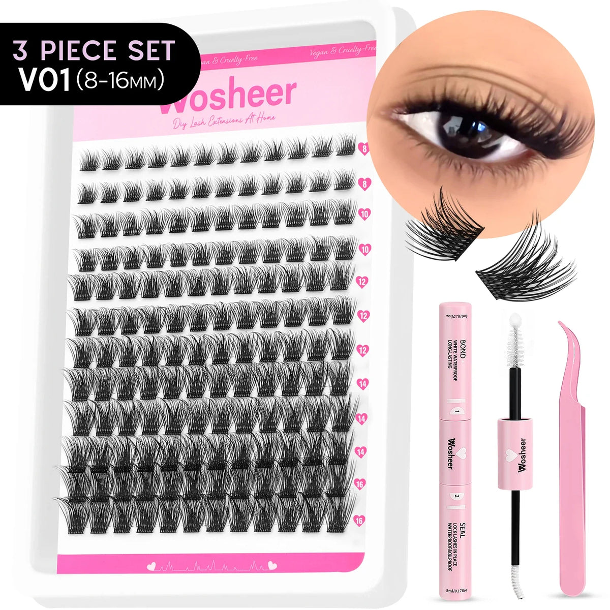 Blushimmer WOSHEER Lash Clusters Kit with spiky eyelash extension clusters and individual volume lashes for DIY lash styling.