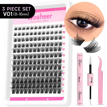 Blushimmer WOSHEER Lash Clusters Kit with spiky eyelash extension clusters and individual volume lashes for DIY lash styling.