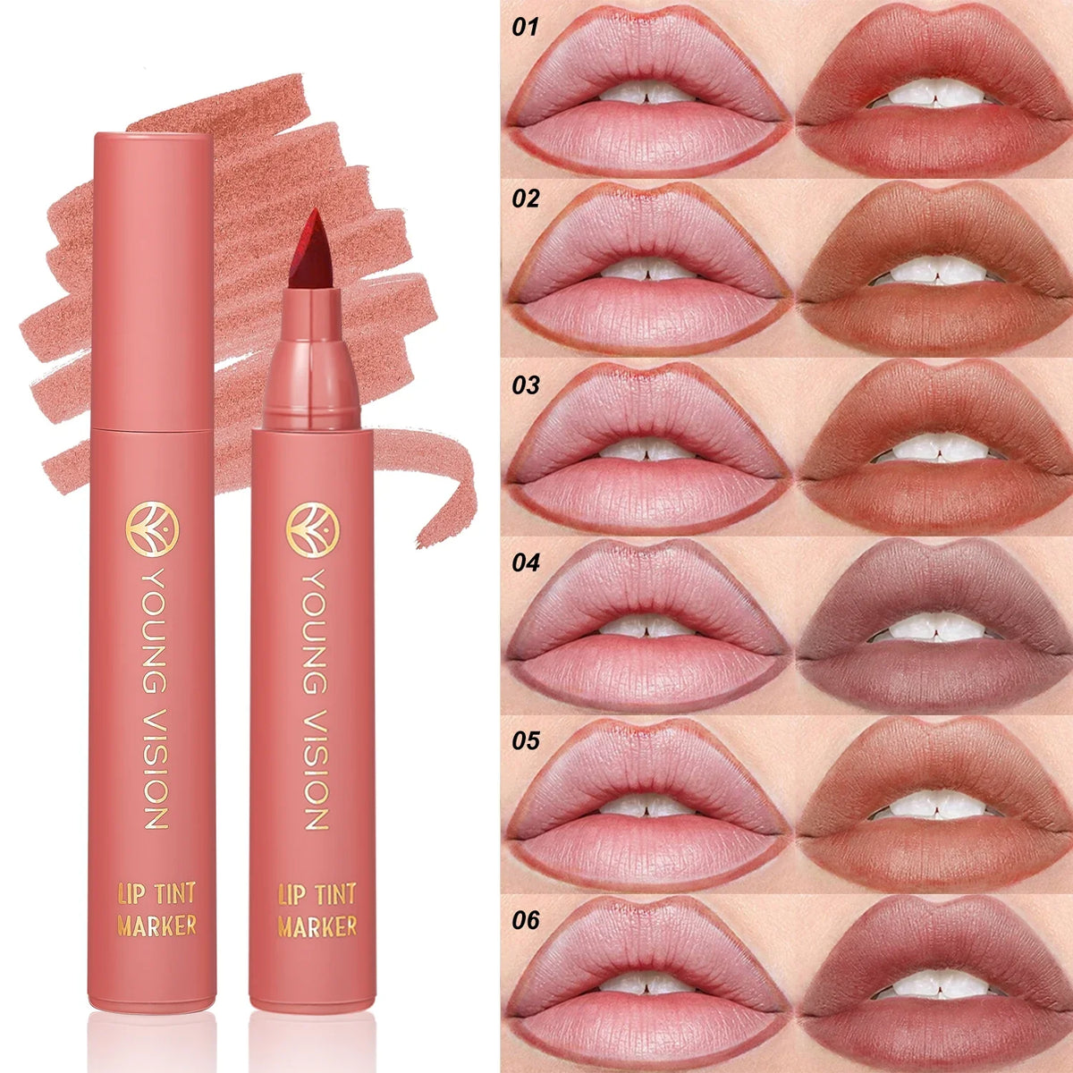 Blushimmer Lip Tint Pen with six shades, matte finish, smooth application, long-lasting water lipstick, and non-stick cup shown in image.