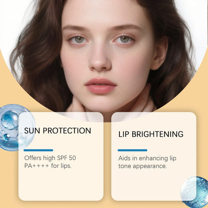 Blushimmer SPF50+ sun protective lip balm with hydrating, brightening formula, featuring Kojic acid and ceramide for smoother lips.