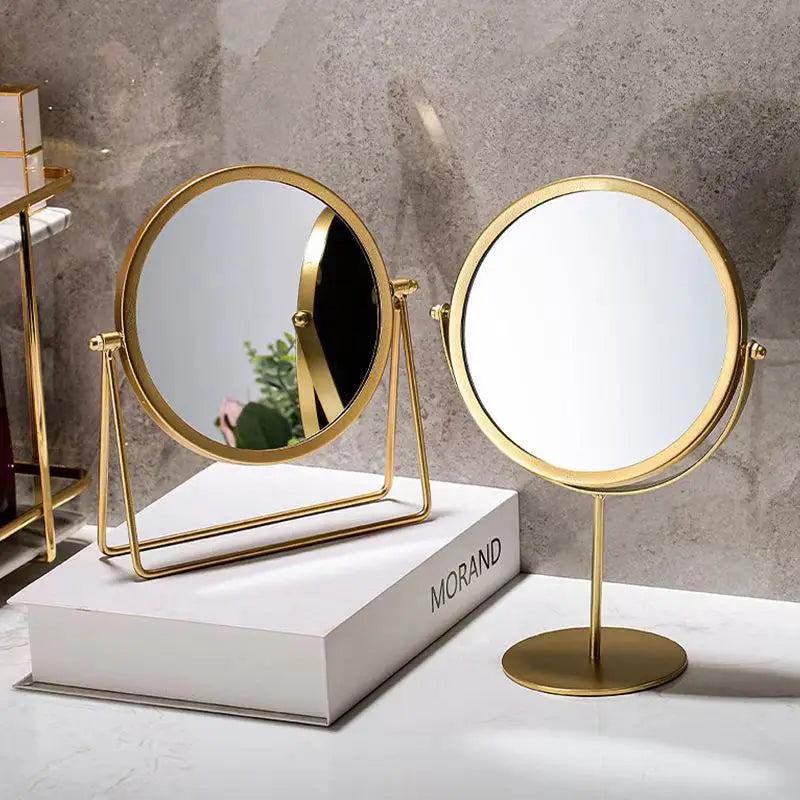 Blushimmer 360-degree rotating iron desktop makeup mirror with textured finish, stylish design, and sturdy construction for ladies.
