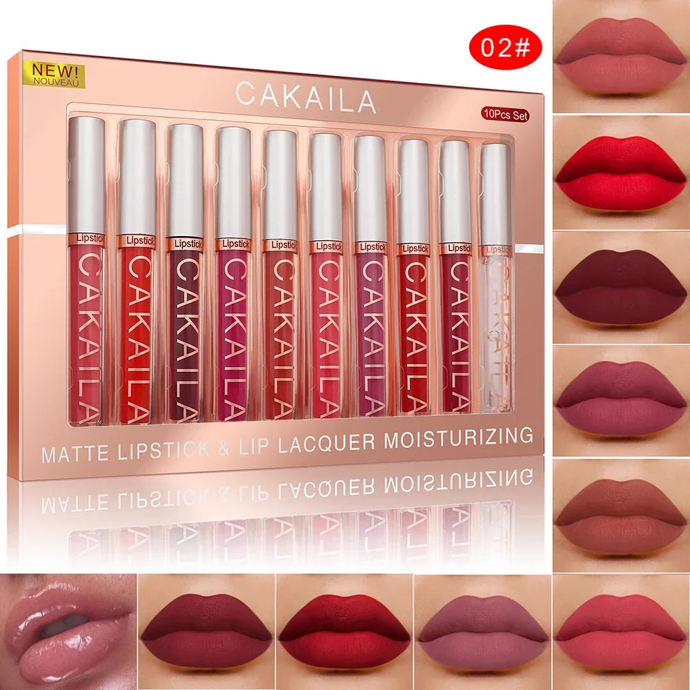 Set of 10 matte liquid lipsticks and lip oils from Blushimmer, waterproof, long-lasting, in nude, red, and pink shades for daily and party makeup