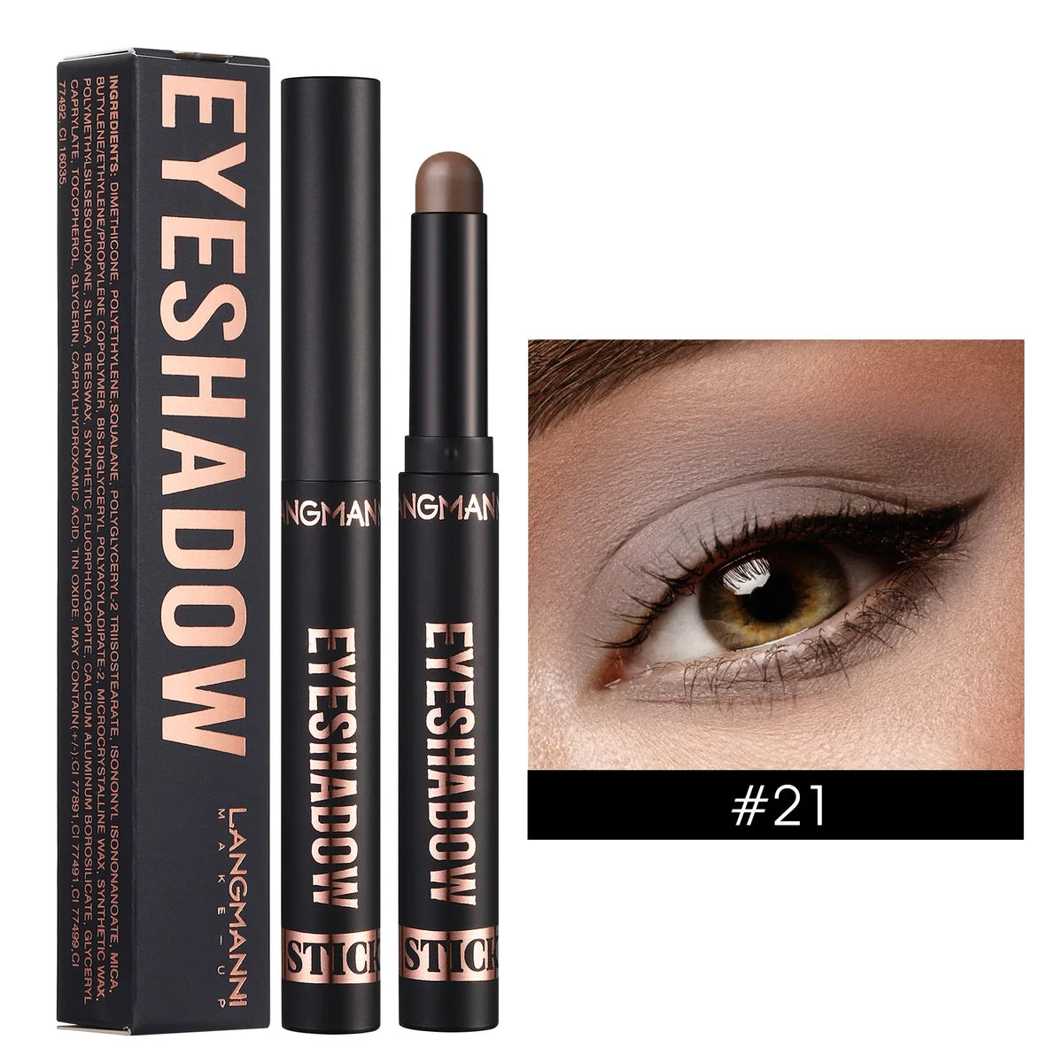 LANGMANNI 16-color pearl eyeshadow stick by Blushimmer, waterproof long-lasting eyeshadow and face highlighter on a sleek black background.