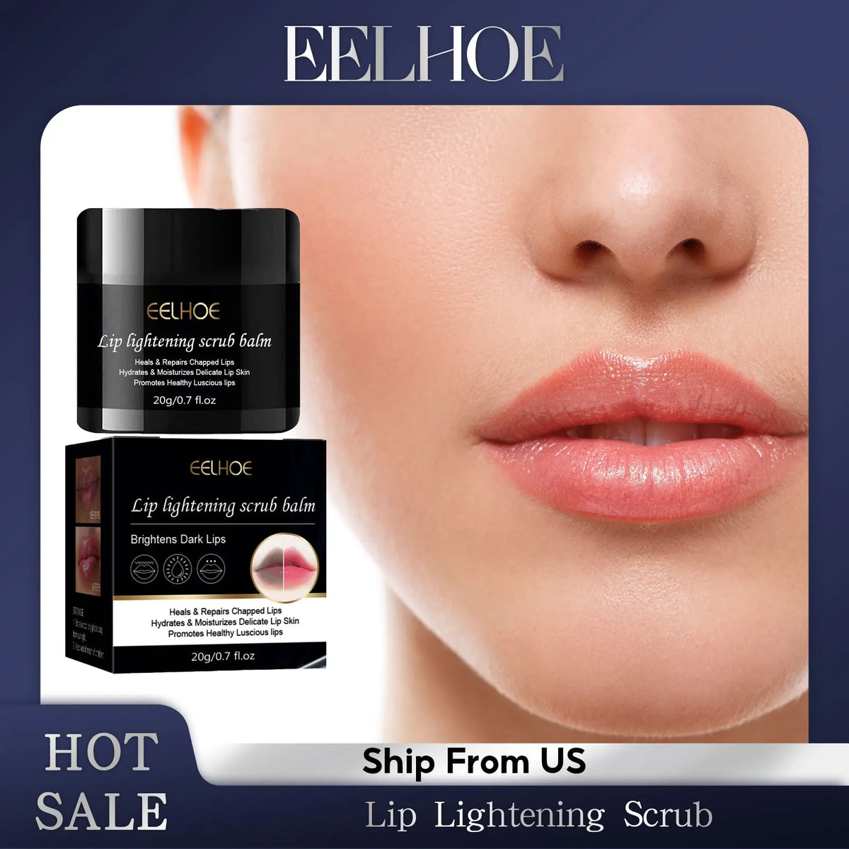 Blushimmer lip lightening scrub balm in a jar, exfoliating and repairing dark, smoky lips with moisturizing and brightening properties.