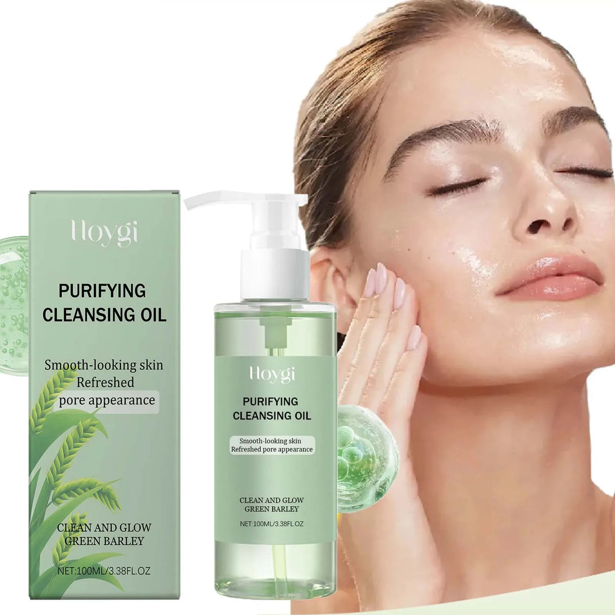 Blushimmer makeup removal oil in a clear bottle, showing a non-greasy, purifying cleansing oil for facial pore cleansing and moisturizing.