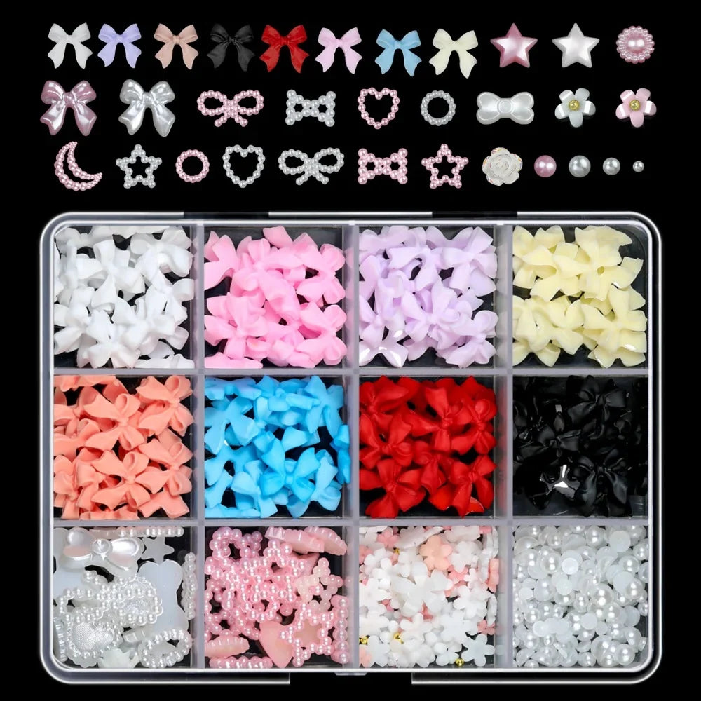 Set of 120 gold bow and butterfly nail charms with shiny, cute bowtie and star designs for nail art by Blushimmer.