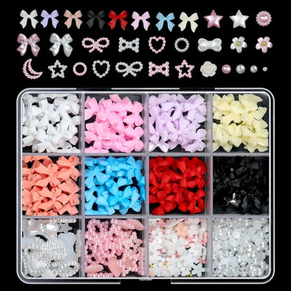 Set of 120 gold bow and butterfly nail charms with shiny, cute bowtie and star designs for nail art by Blushimmer.