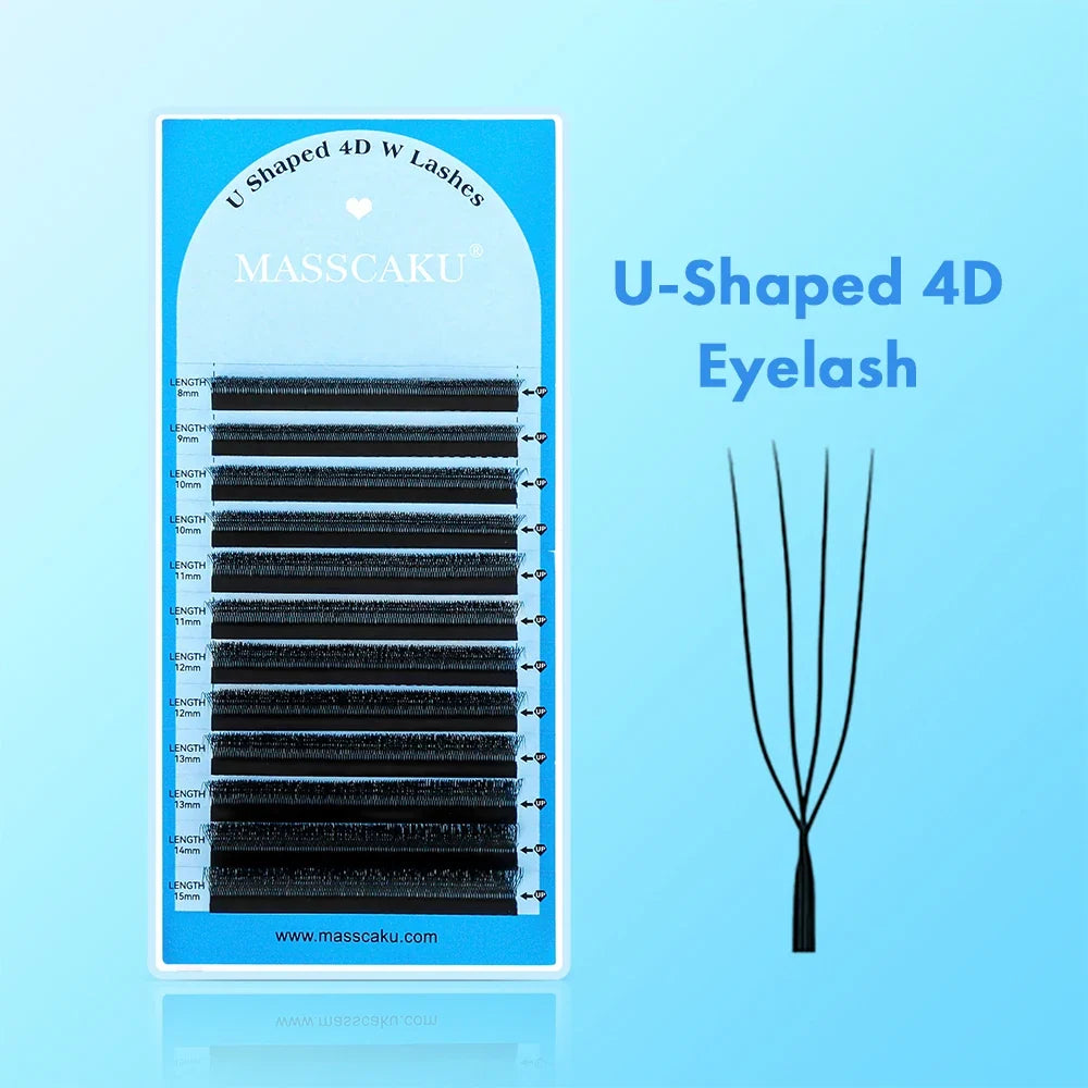 Blushimmer MASSCAKU U-shaped 3D 4D 5D eyelash extensions with C and D curls, natural mink false eyelashes in premade fan style.