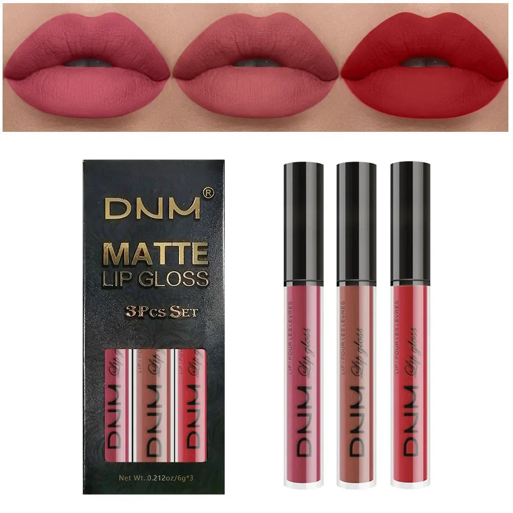 Set of three waterproof liquid lipsticks by Blushimmer in red, blue, purple, and nude shades with matte finish.