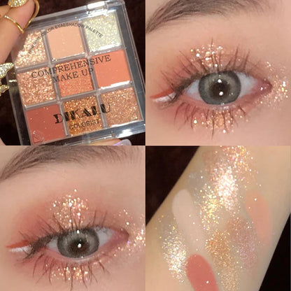 Blushimmer DIKALU spring and summer eyeshadow palette with rosy shades in a nine-pan grid, featuring smoky and low saturation tones.