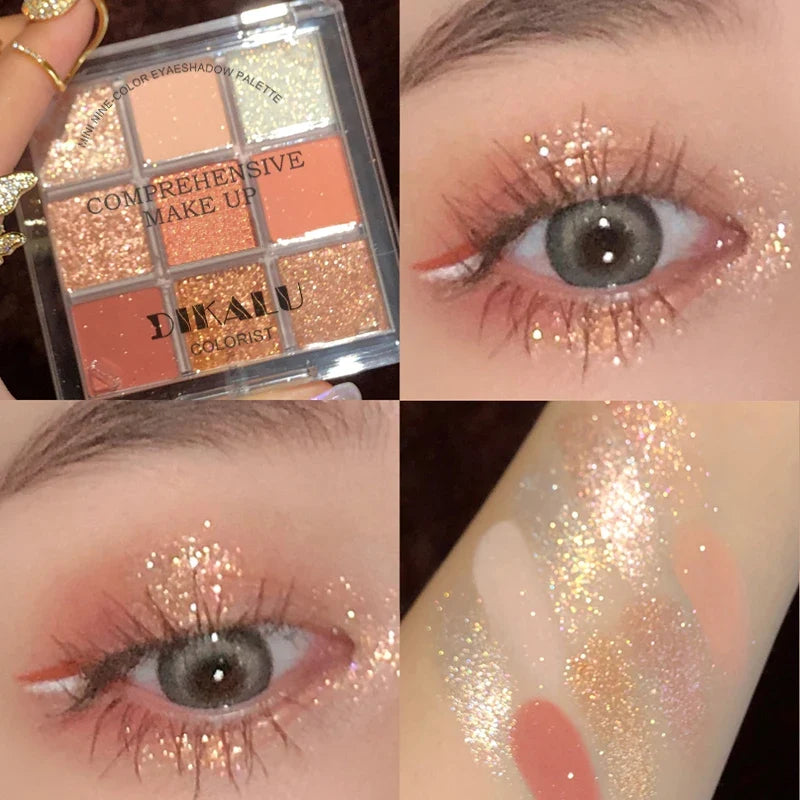 Blushimmer DIKALU spring and summer eyeshadow palette with rosy shades, nine-pan grid, low saturation smoke powders, and rose tones.
