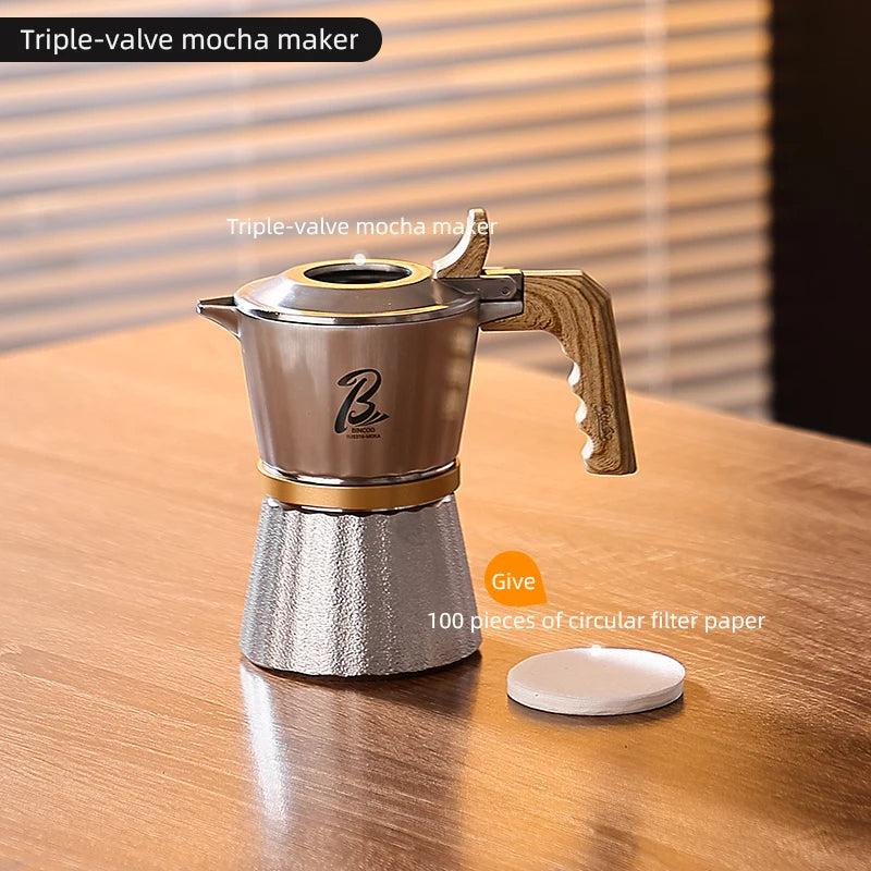 Bincoo Three Valves Moka Pot,316 Stainless Steel Stovetop Espresso Maker 2 Cups,Espresso Coffee Pot Barista Accessories