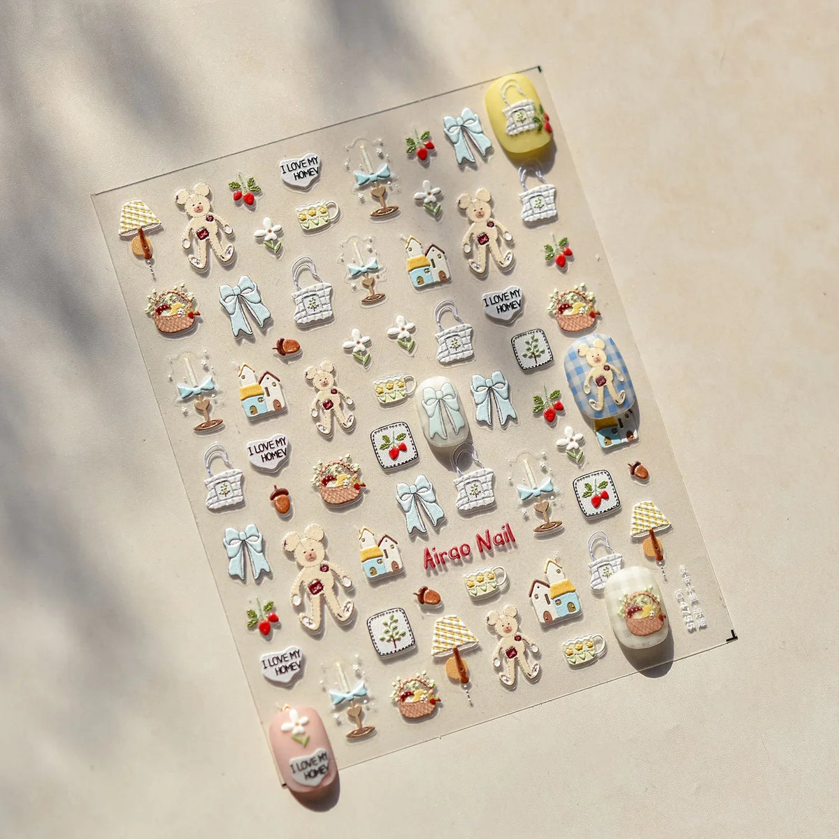 Brown 5D Japanese Kawaii Bear nail art sticker by Blushimmer, self-adhesive cartoon animal decals for DIY nail decoration.