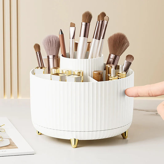 Blushimmer 360 rotating makeup organizer with large capacity for lipstick, brushes, and pens, portable bathroom storage box.