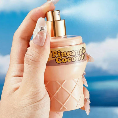 Cute ice cream shaped perfume bottle by Blushimmer, featuring fruity floral vanilla fragrance, 50ml long-lasting eau de toilette.