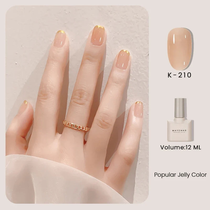 Blushimmer MAYCHAO 12ml jelly gel nail polish top coat showing glossy semi-permanent UV LED gel finish for long-lasting manicures.