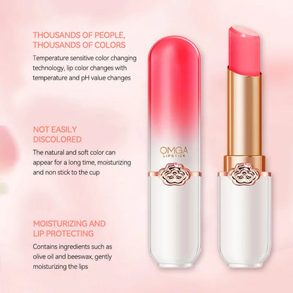 Blushimmer OMGA color-changing lip balm with peach flavor, moisturizing, waterproof, temperature-sensitive jelly lipstick for smooth lips.