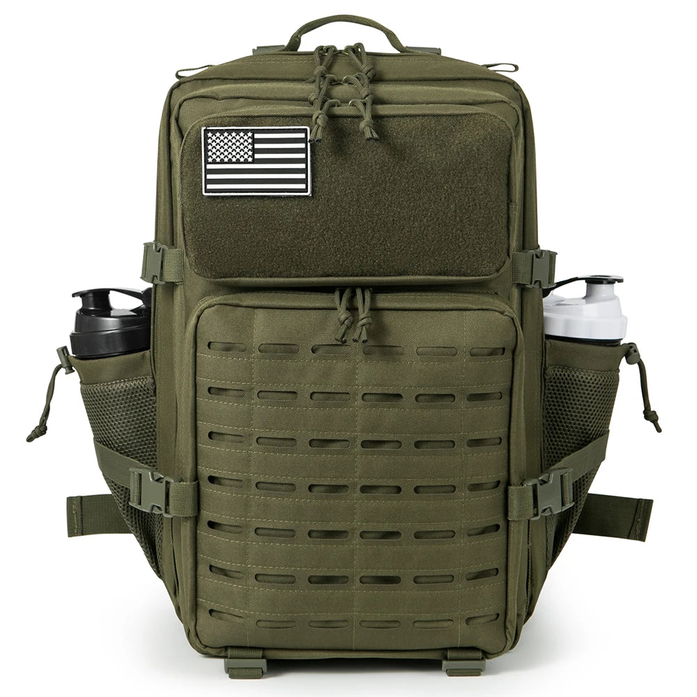 Men's 45L tactical backpack by Adventure Club Store with double cup holders, ideal for hunting, camping, hiking, and outdoor survival.
