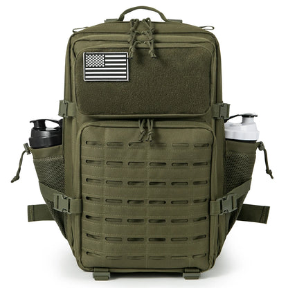 Men's 45L tactical backpack by Adventure Club Store with double cup holders, ideal for hunting, camping, hiking, and outdoor survival.