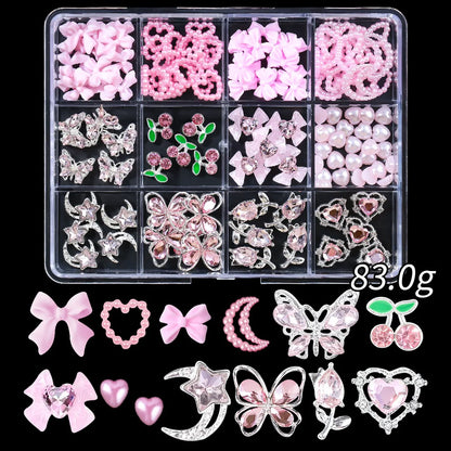 Set of 120 gold bow, butterfly, star nail charms by Blushimmer, shiny 3D metal nail art jewelry for luxury nail designs.