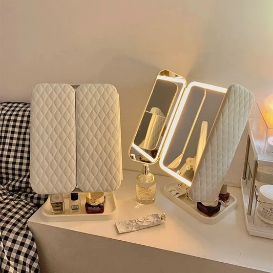 Blushimmer trifold makeup mirror with LED lights, smart lighting, and dressing mirror for beauty and makeup application.