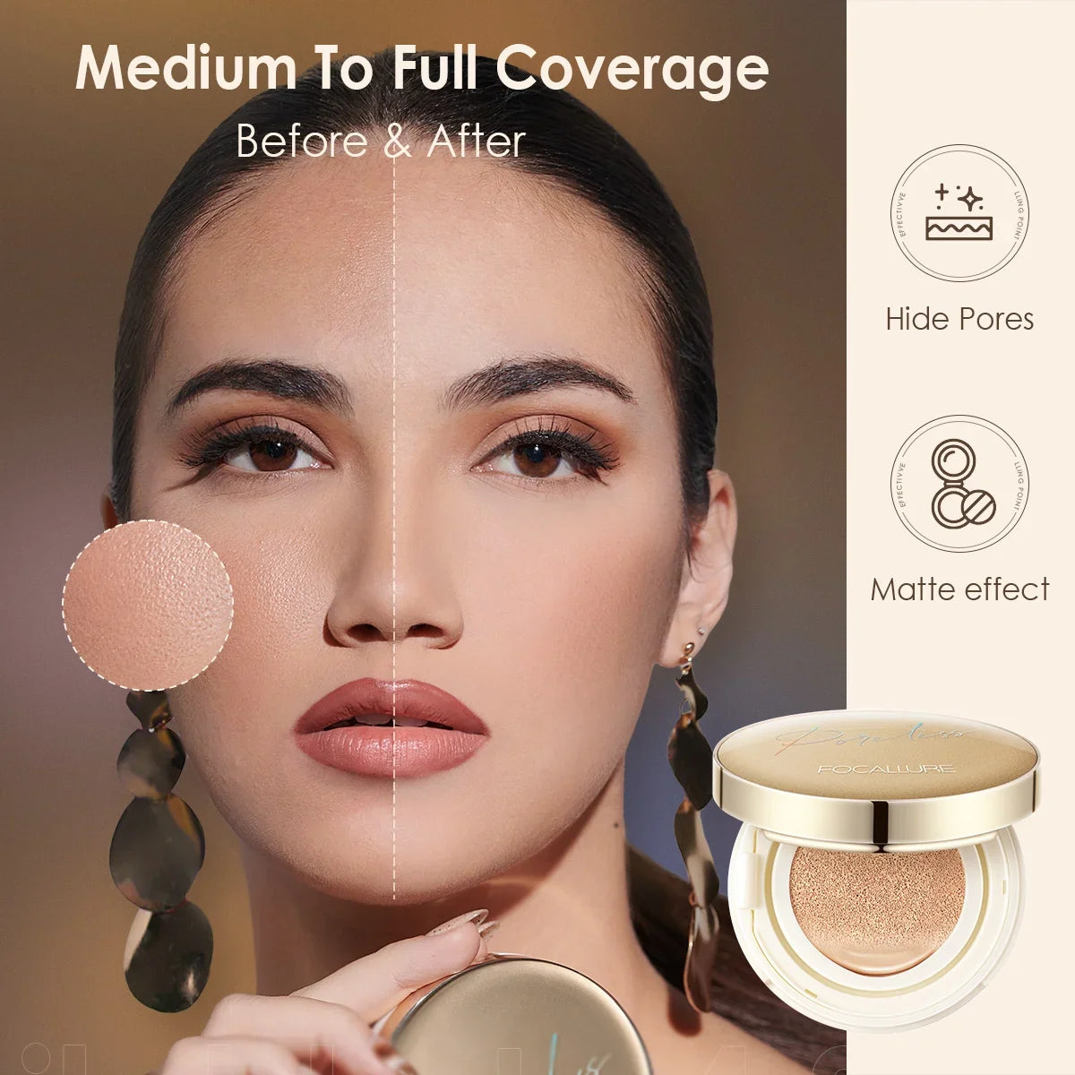Blushimmer FOCALLURE waterproof matte foundation cushion with high coverage, smooth poreless finish, and nutritious face makeup.