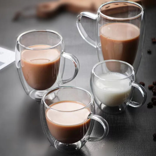 2PC Double Wall Glass Cup Heat Insulation Transparent Handmade Tea Drink Cups MINI Whisky glasses Coffee Mug with handle ﻿