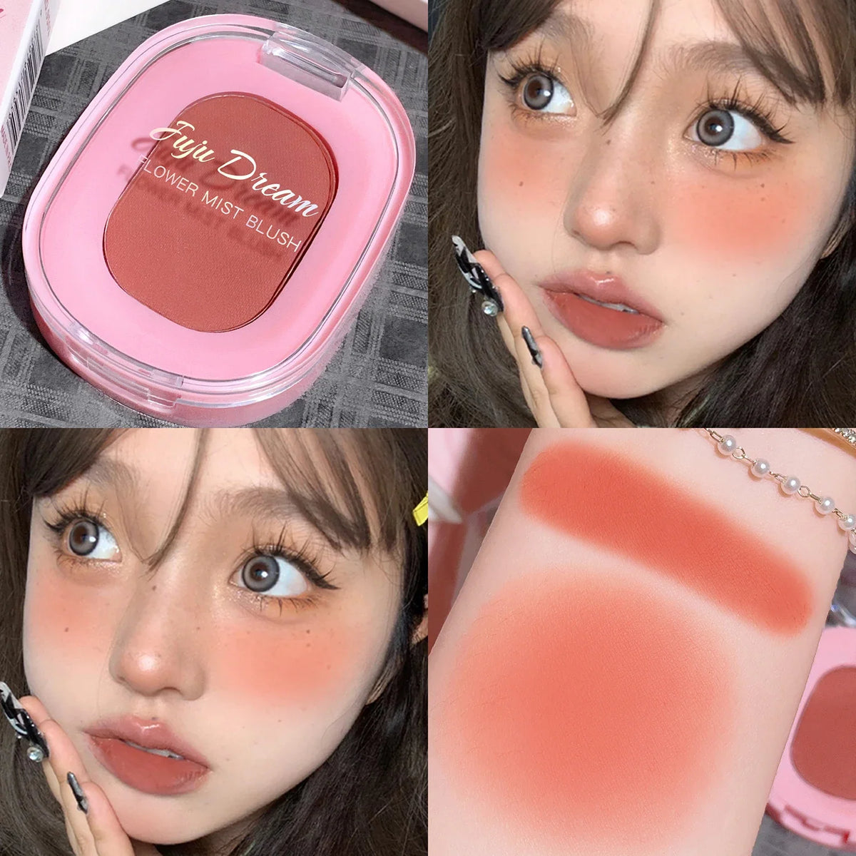 Blushimmer monochrome flower mist blush powder with matte pink finish, natural nude tone, brightening rouge, fine pink trimming.