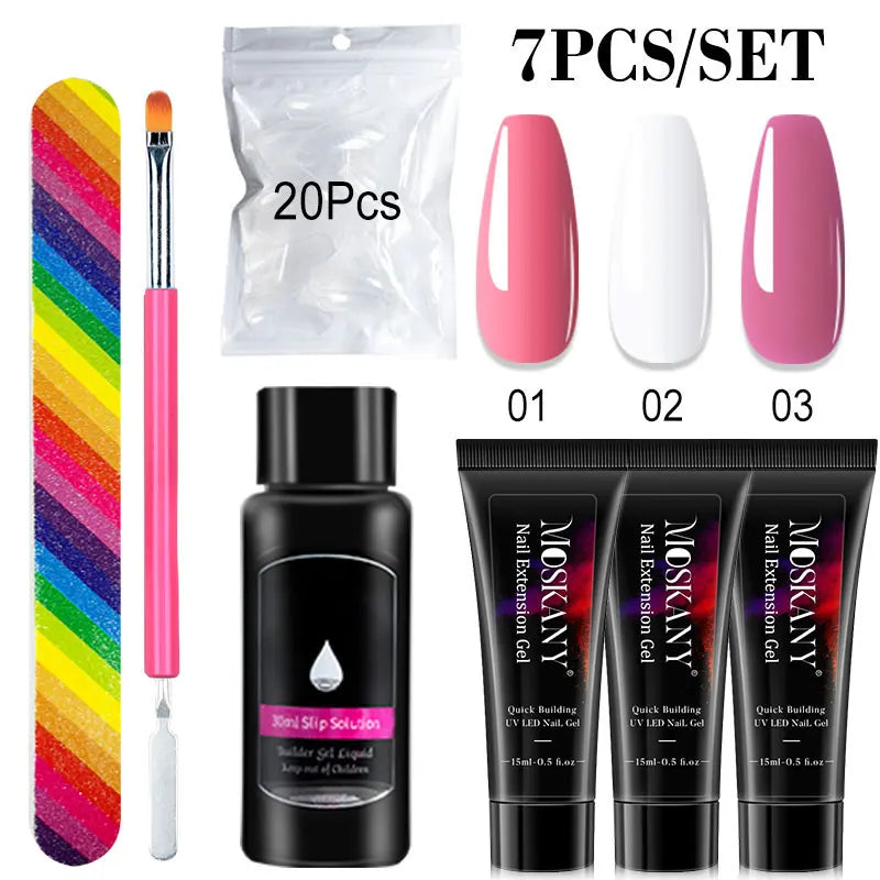 Blushimmer poly nail gel full set with 6W LED lamp, beginner manicure kit with nail tips, 3D design, decoration, and extension tools