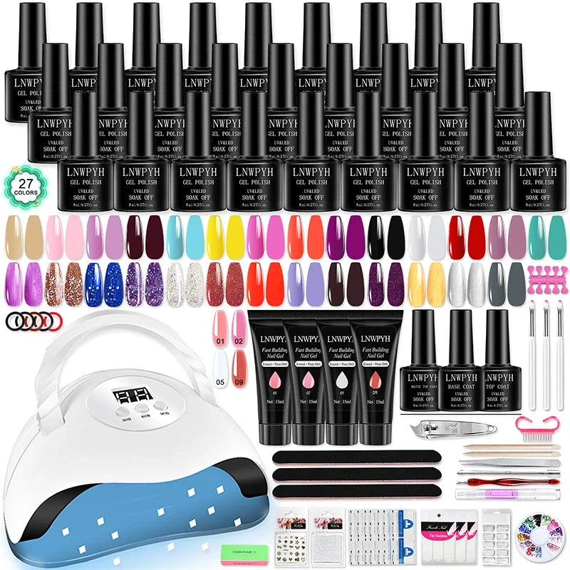 Blushimmer gel nail polish kit with 27 colors, LED lamp, base and top coat for professional semi-permanent manicure.