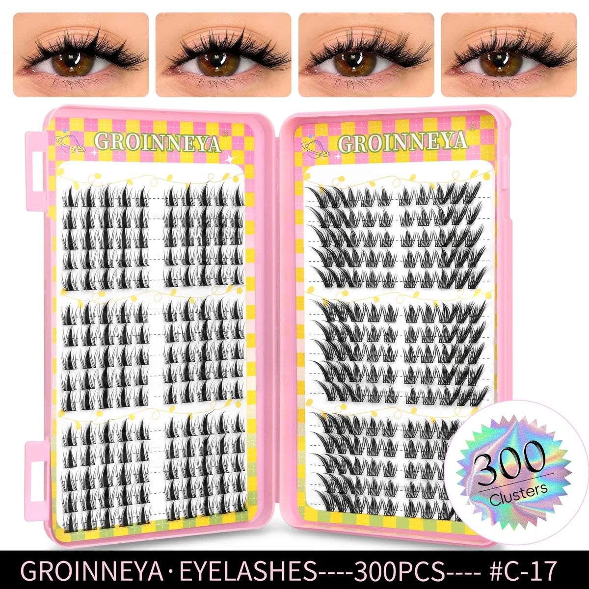 Blushimmer GROINNEYA eyelash clusters with 320 natural volume lash extensions, showing mixed tray of individual cluster lashes.