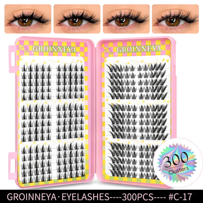 Blushimmer GROINNEYA eyelash clusters with 320 natural volume lash extensions, showing mixed tray of individual cluster lashes.