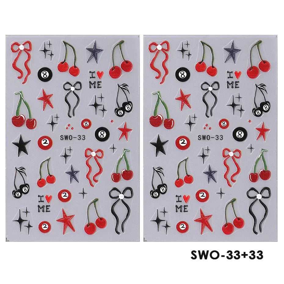 Colorful Blushimmer nail art stickers featuring sweet flowers, hearts, cherries, strawberries, bows, butterflies, and kawaii designs for manicures.