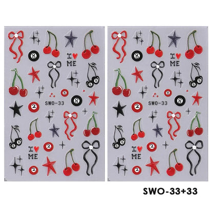 Colorful Blushimmer nail art stickers featuring sweet flowers, hearts, cherries, strawberries, bows, butterflies, and kawaii designs for manicures.