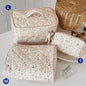 Cute quilted cotton makeup bag by Blushimmer with zipper closure, portable cloth toiletry case in box shape for women and girls.