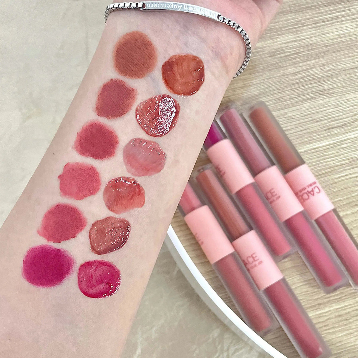 Blushimmer double head lip gloss and matte lipstick set with water gloss and mirror, featuring sexy red lip makeup.