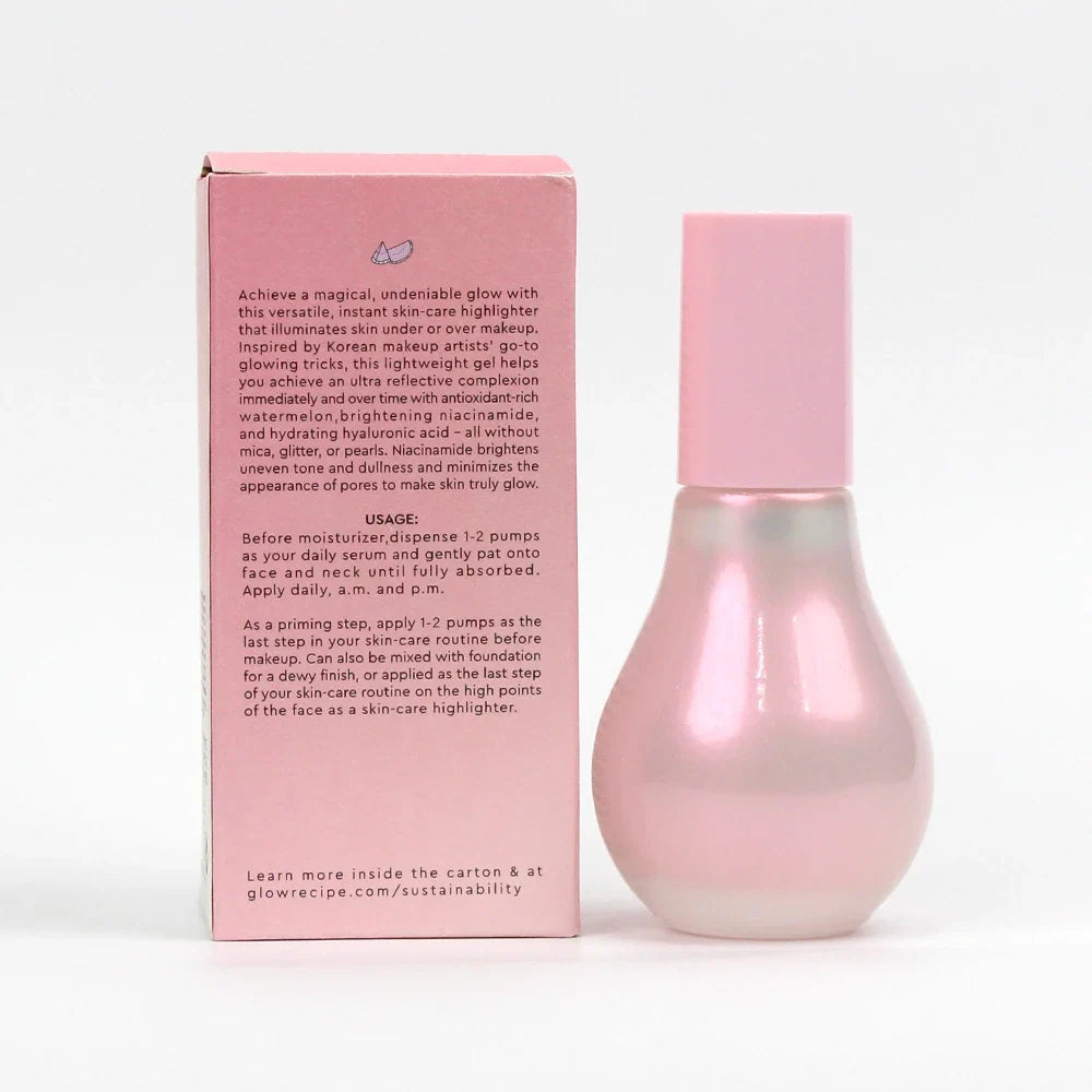 Glow Recipe Watermelon Glow Niacinamide Dew Drops in a 40ml bottle, highlighting the pink serum and applicator brush.